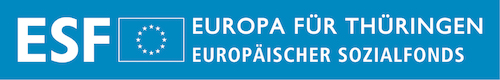 ESF Logo mit EU-Flagge in weiß auf blauem Hintergrund