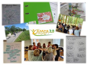 Bild-Collage mit Logo "Cardea 2.0" in der Mitte 