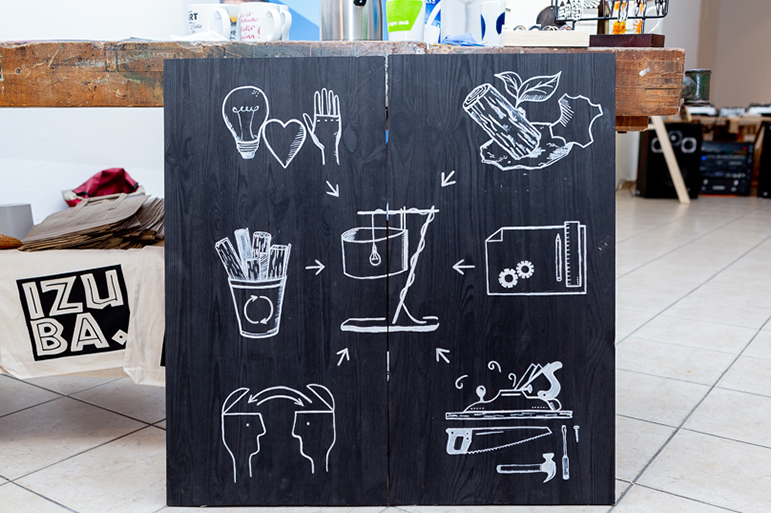 Unterschiedliche Icons mit Kreide auf einen schwarzen Untergrund gemalt
