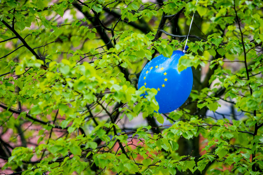 Blauer Luftballon mit Europasternen im Baum